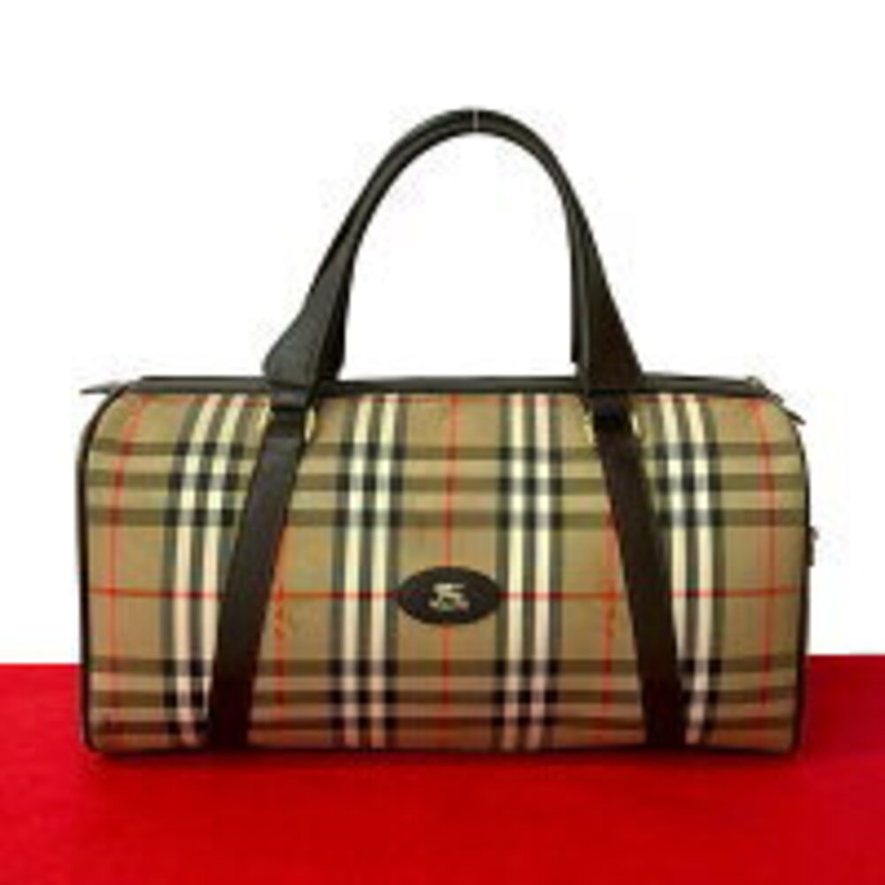 Burberry Nova check Shadow Black Horse logo canvas leather Boston bag brown